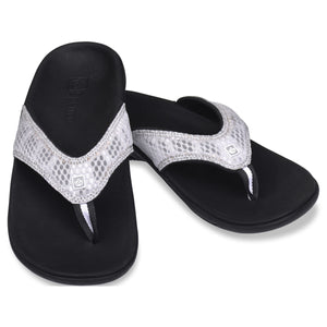 A pair of Spenco Women's yumi plus Breeze Black/Silver Sandal