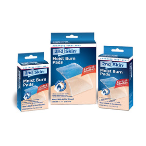 Three different size sets of Spenco 2nd skin moist burn pads in packaging